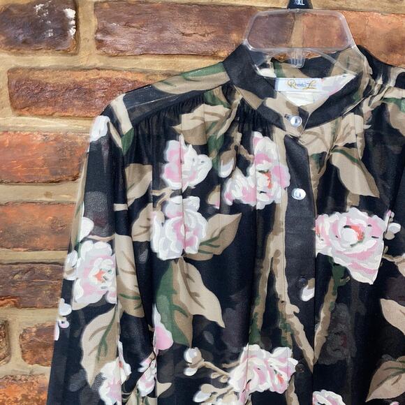 Rhoda Lee Vintage 70s Black Floral Button Down Sheer Long Sleeve Top Size 14 - Picture 2 of 5